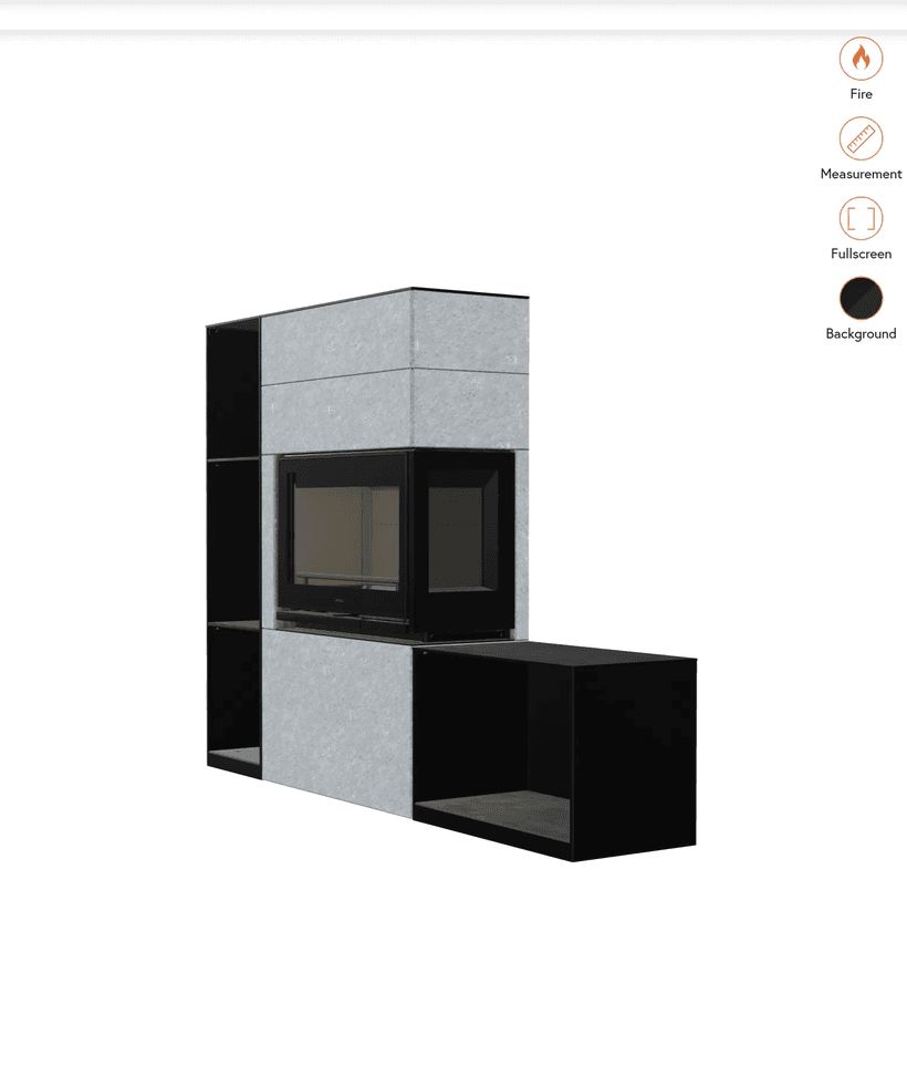 The Contura stove configurator, showing a stove build with fire, measurement and background controls