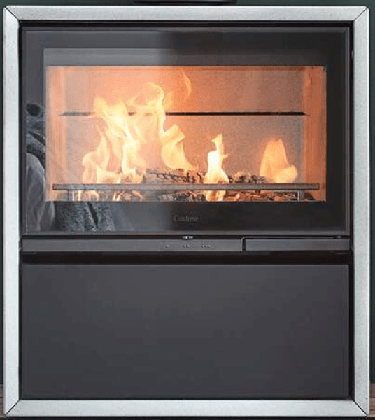 A Contura wood-burning stove with a lit fire