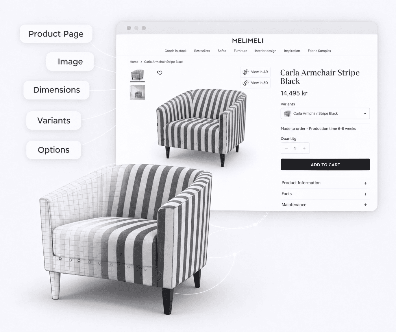 A MELIMELI sofa visualised inside a styled room
