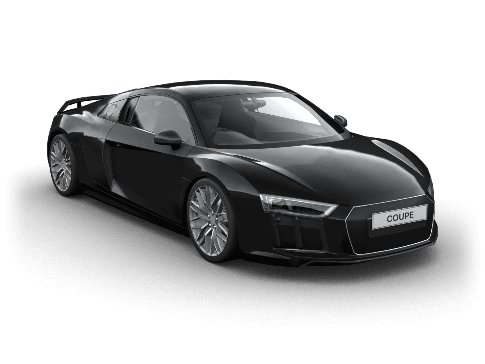 A dark mid-engine sports coupé in the configurator, seen from the front three-quarter