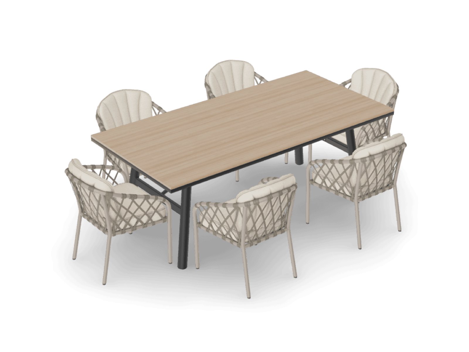 A wooden garden dining table with six rope chairs around it in the configurator