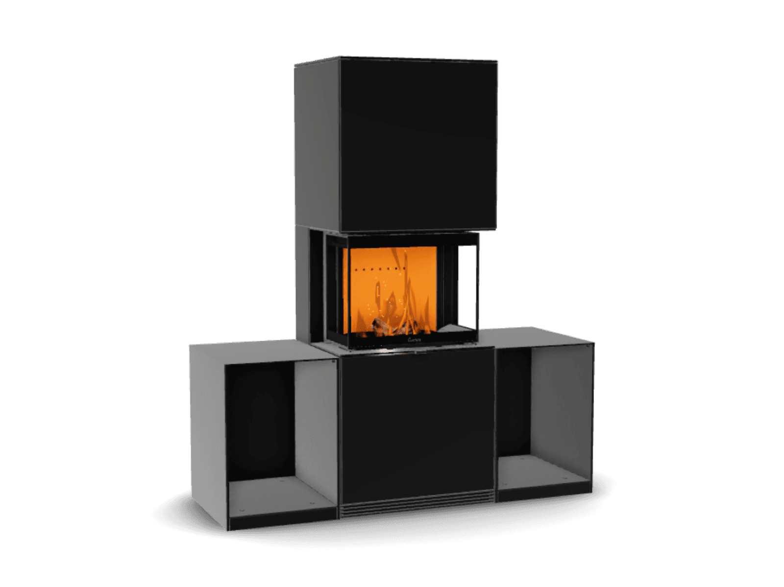 A black wood stove with side units and a burning fire in the configurator