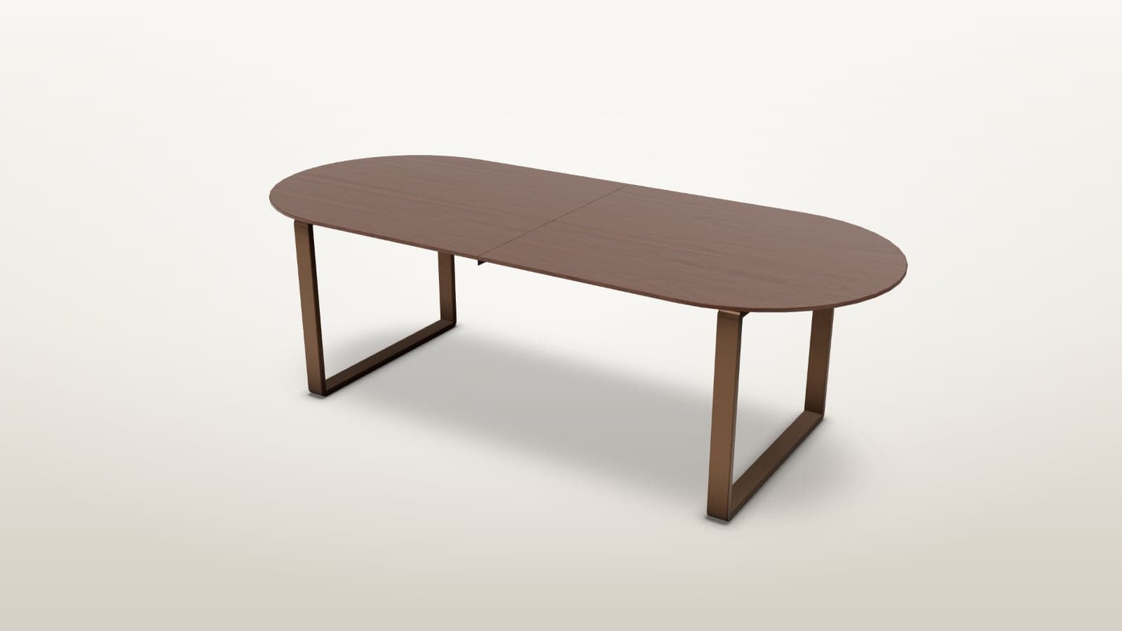 A walnut dining table with rounded ends on a bronze steel sled base, seen from the front corner