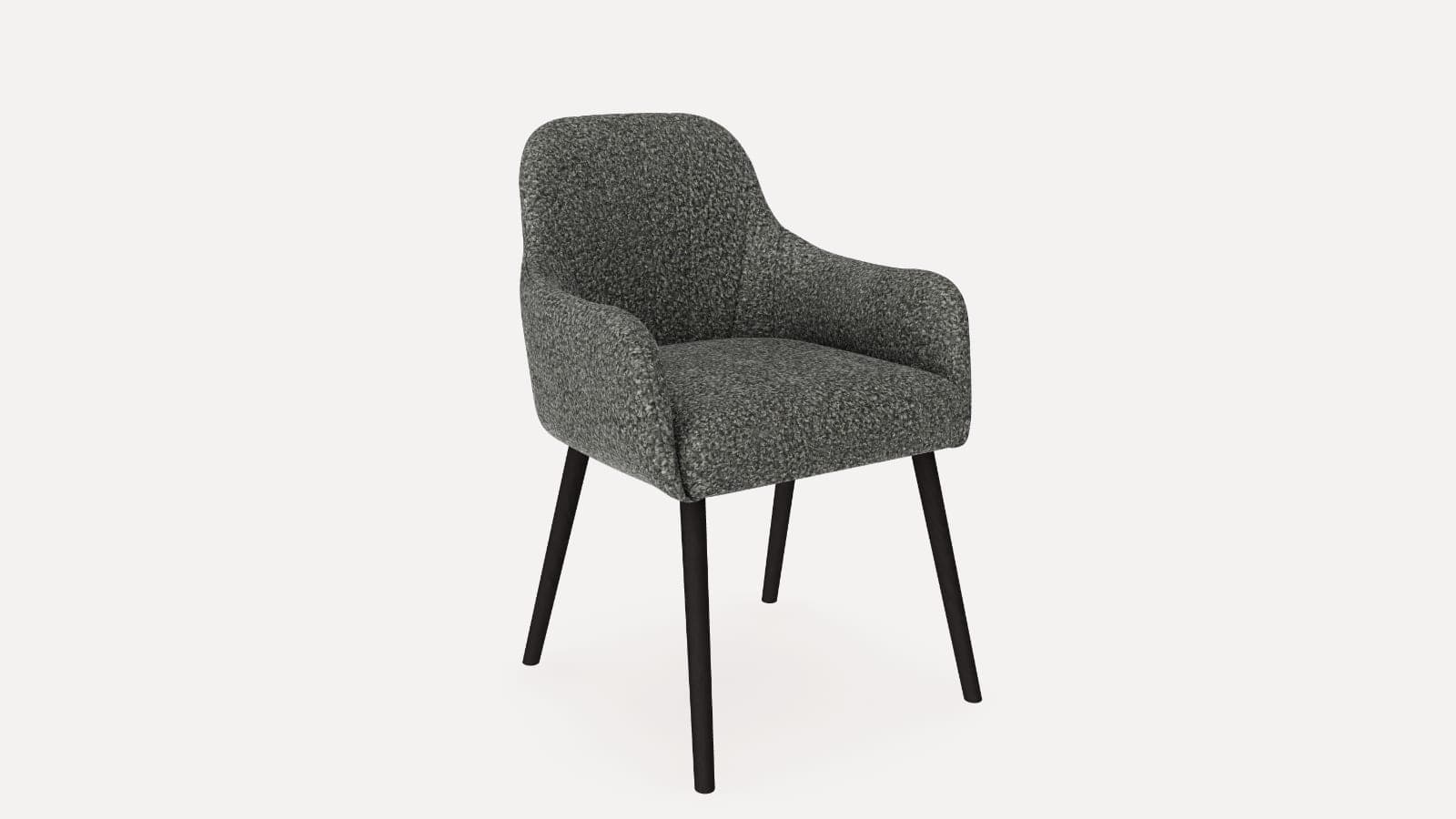 A dining chair with arms in charcoal bouclé on black wooden legs, seen from the front corner