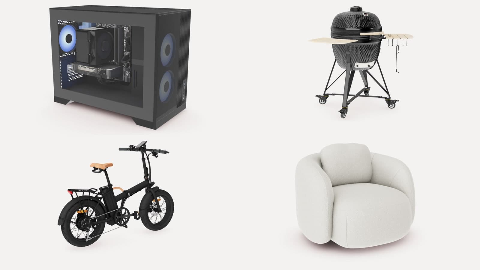 A gaming PC with a glass side, a ceramic grill, a folding electric bike and a white armchair as 3D models