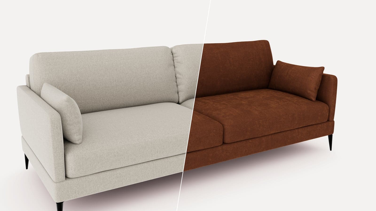 A three-seat sofa in a 3D configurator, half in linen and half in a rust fabric