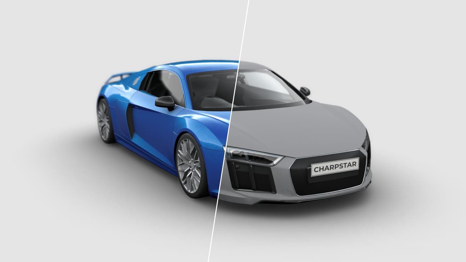 A blue sports coupé in a 3D car configurator, half of it with paint and half as a bare grey body