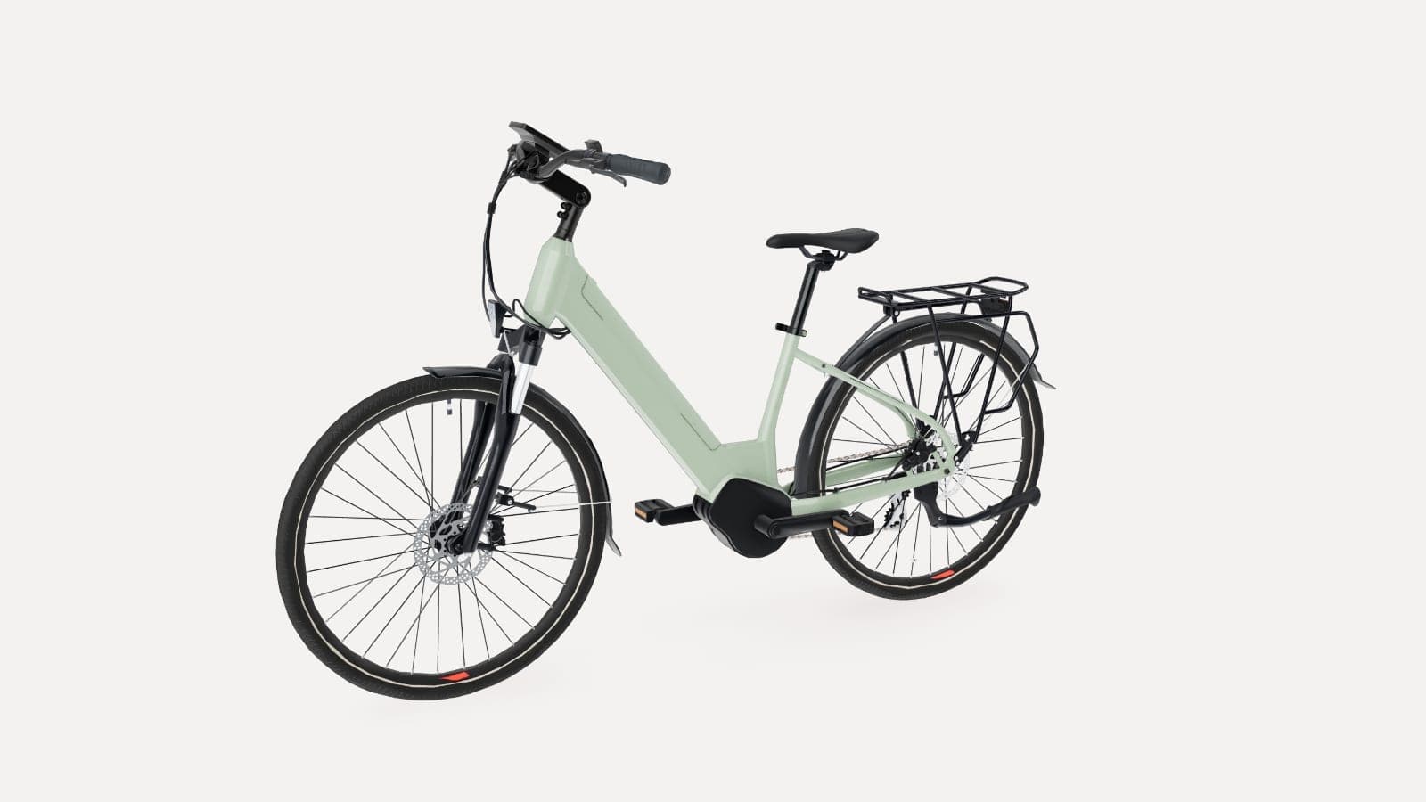 A step-through city e-bike in sage green with a rear rack, seen from the front corner