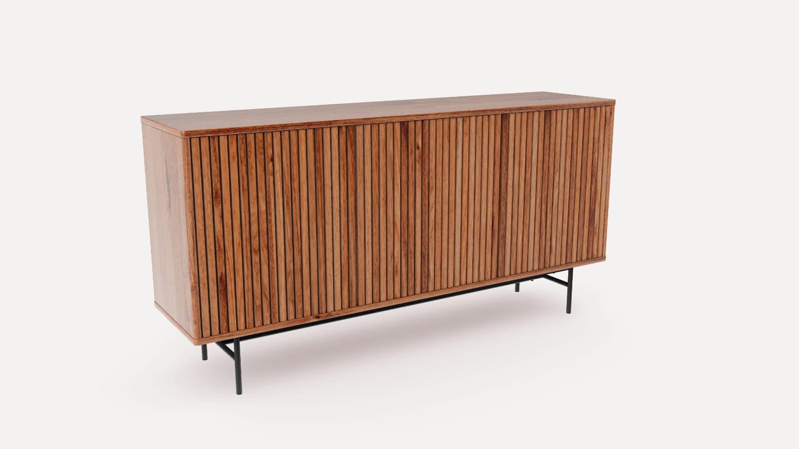 A slatted sideboard with three doors and black steel legs, seen from the front corner