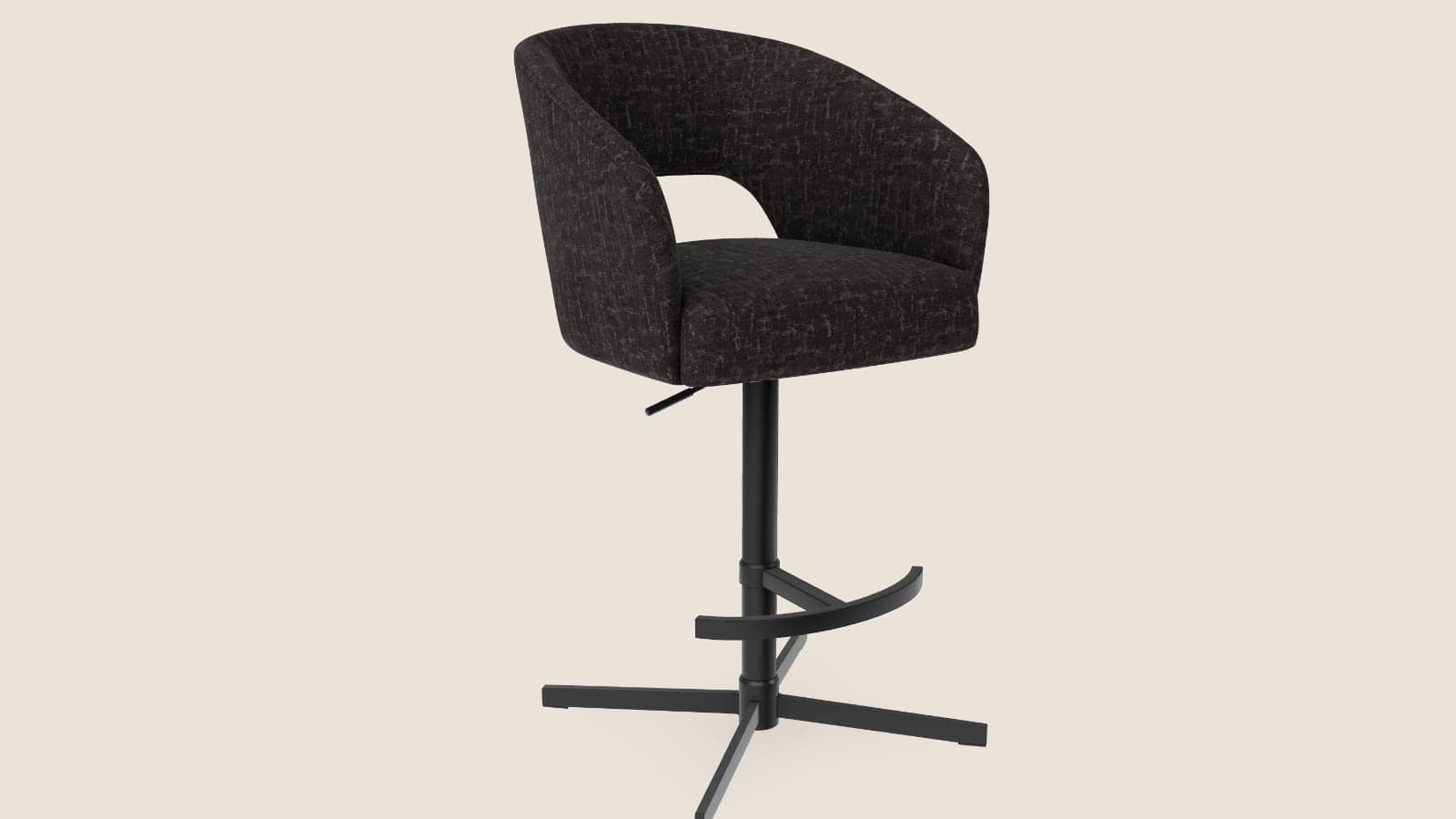 A swivel bar stool in dark anthracite fabric on a black metal base, seen from the front corner